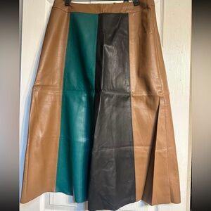 Colorblock Leather Midi Skirt